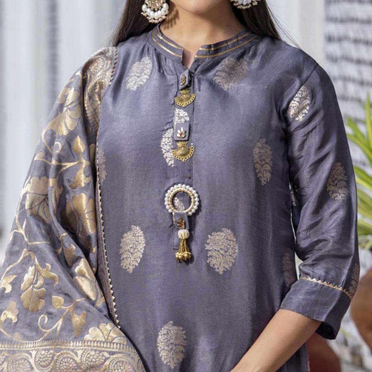 Grey Woven Dola Silk Kurti Pant Set With Dupatta