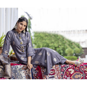 Grey Woven Dola Silk Kurti Pant Set With Dupatta