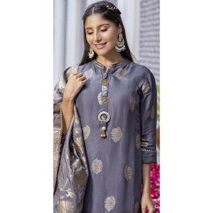 Grey Woven Dola Silk Kurti Pant Set With Dupatta