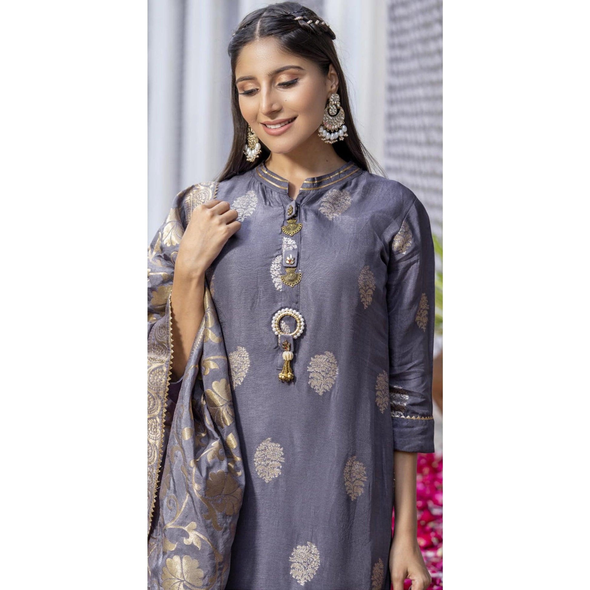Grey Woven Dola Silk Kurti Pant Set With Dupatta