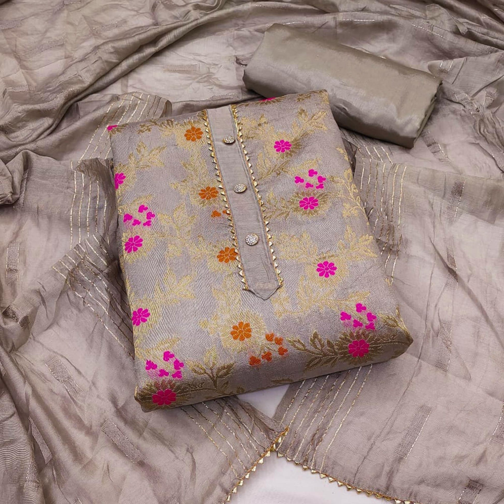 Grey Woven Jacquard Dress Material