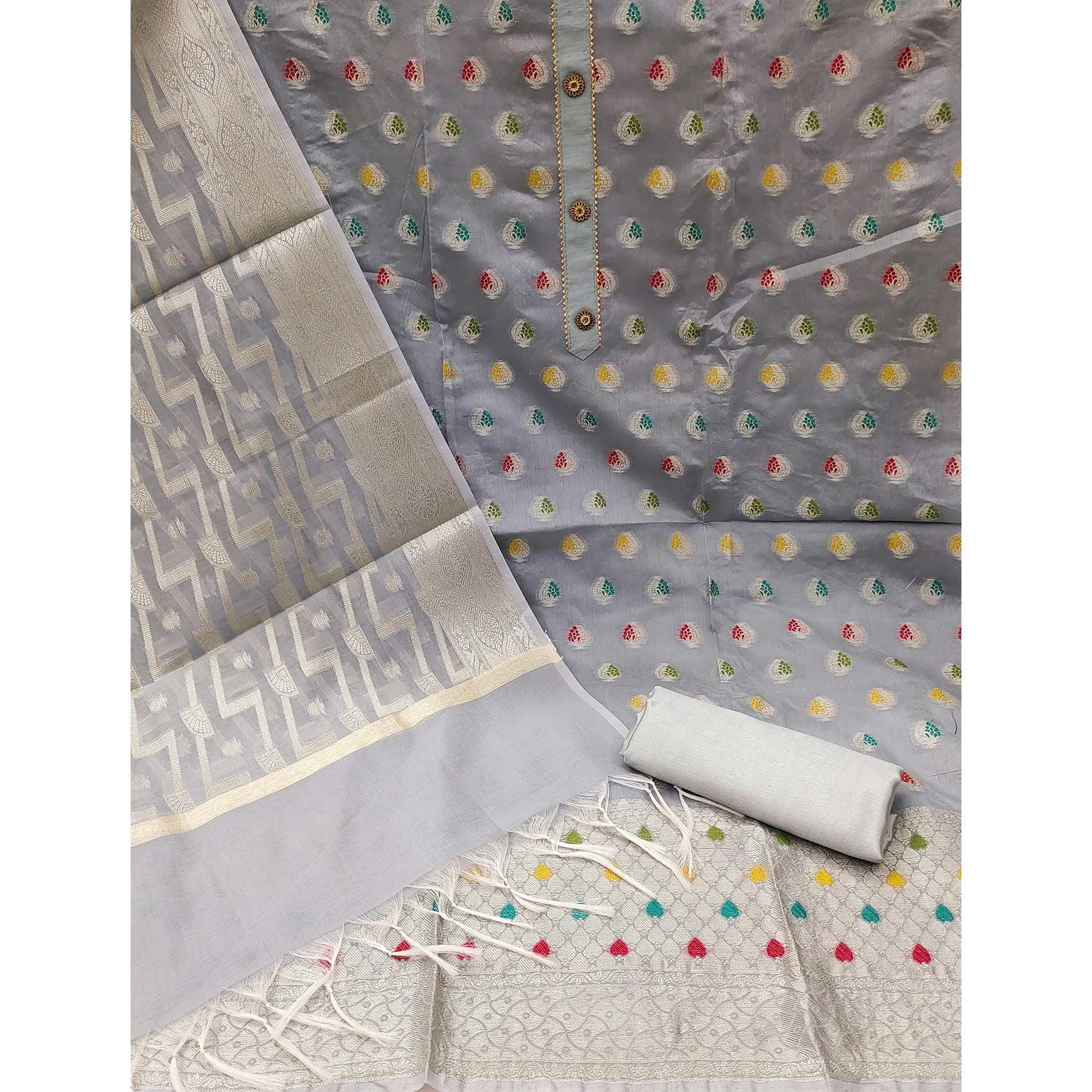 Grey Woven Jacquard Dress Material