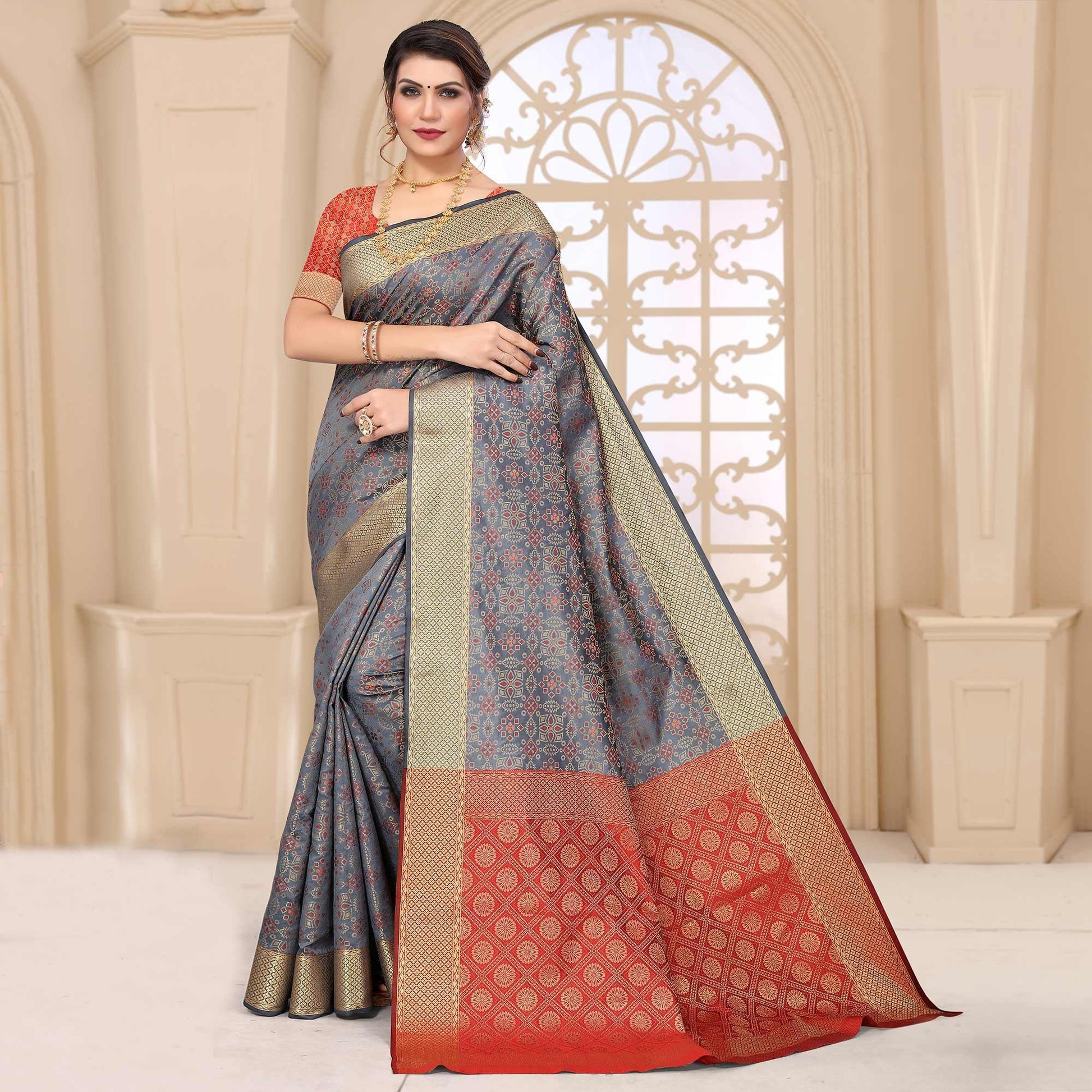 Grey Woven Jacquard Saree