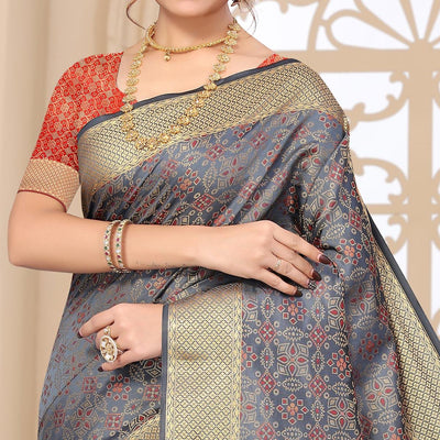 Grey Woven Jacquard Saree