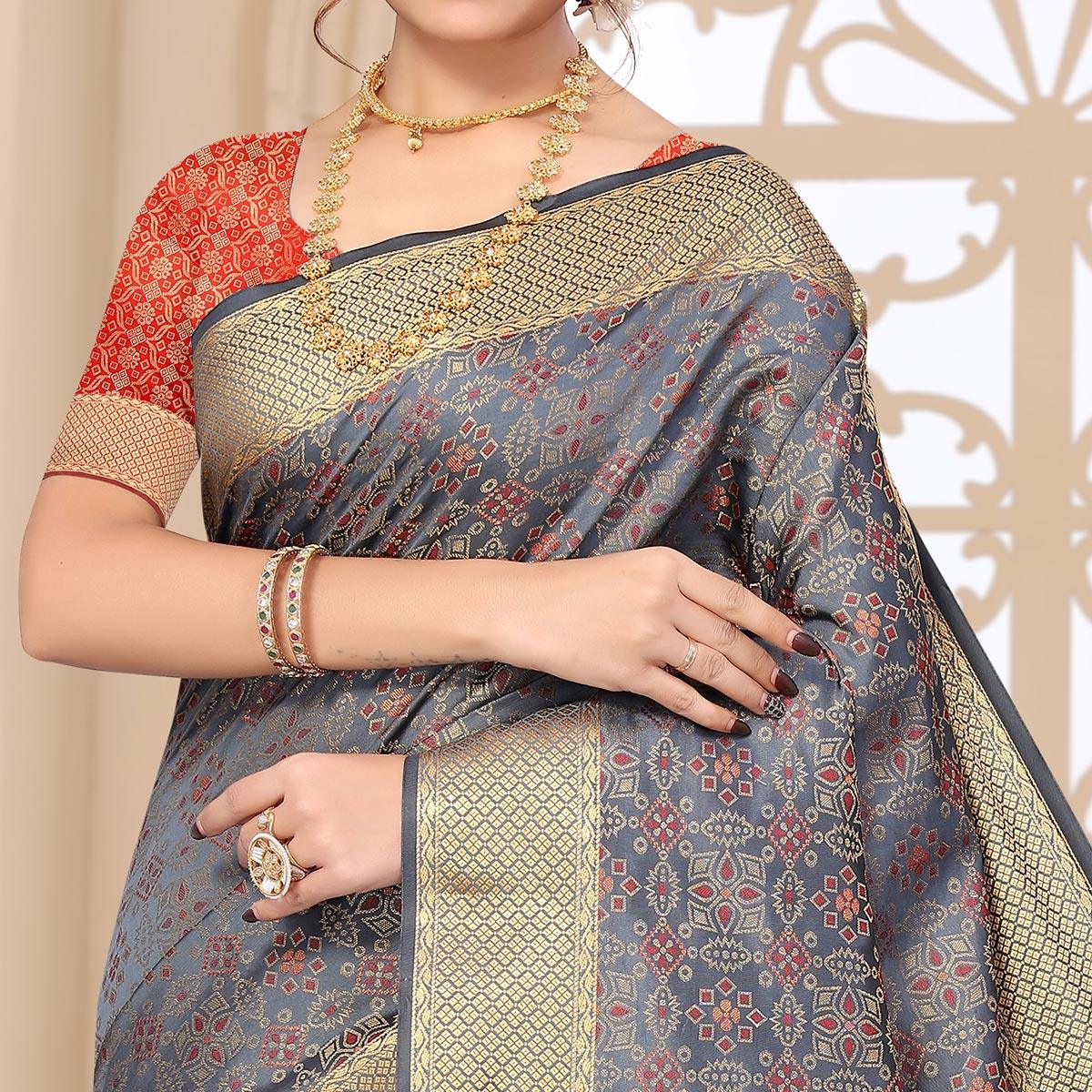 Grey Woven Jacquard Saree