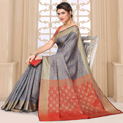 Grey Woven Jacquard Saree