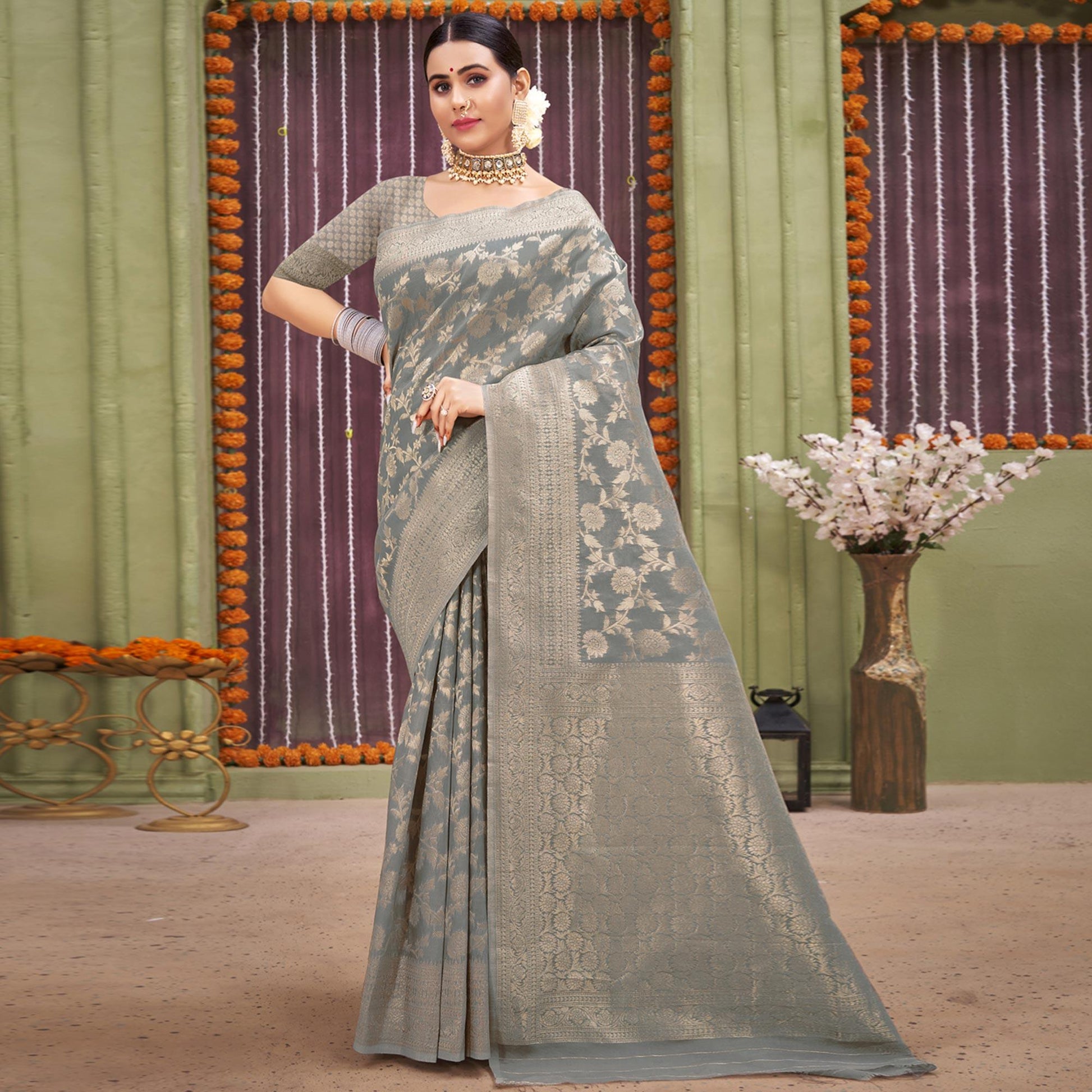 Grey Woven Linen Saree