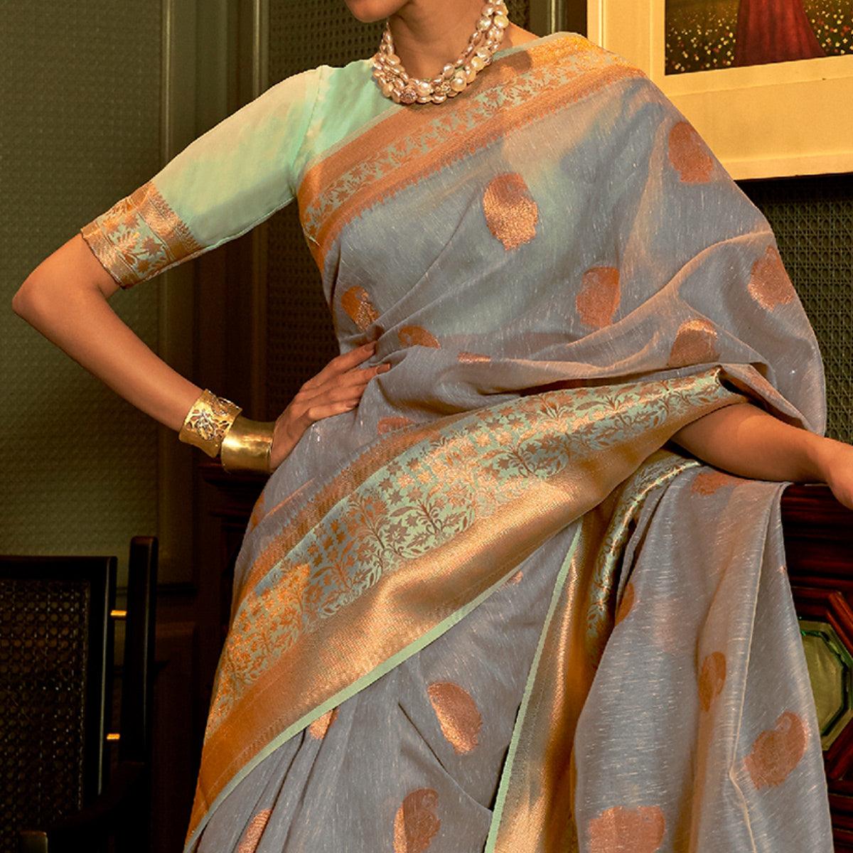 Grey Woven Linen Saree