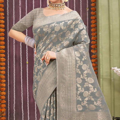 Grey Woven Linen Saree