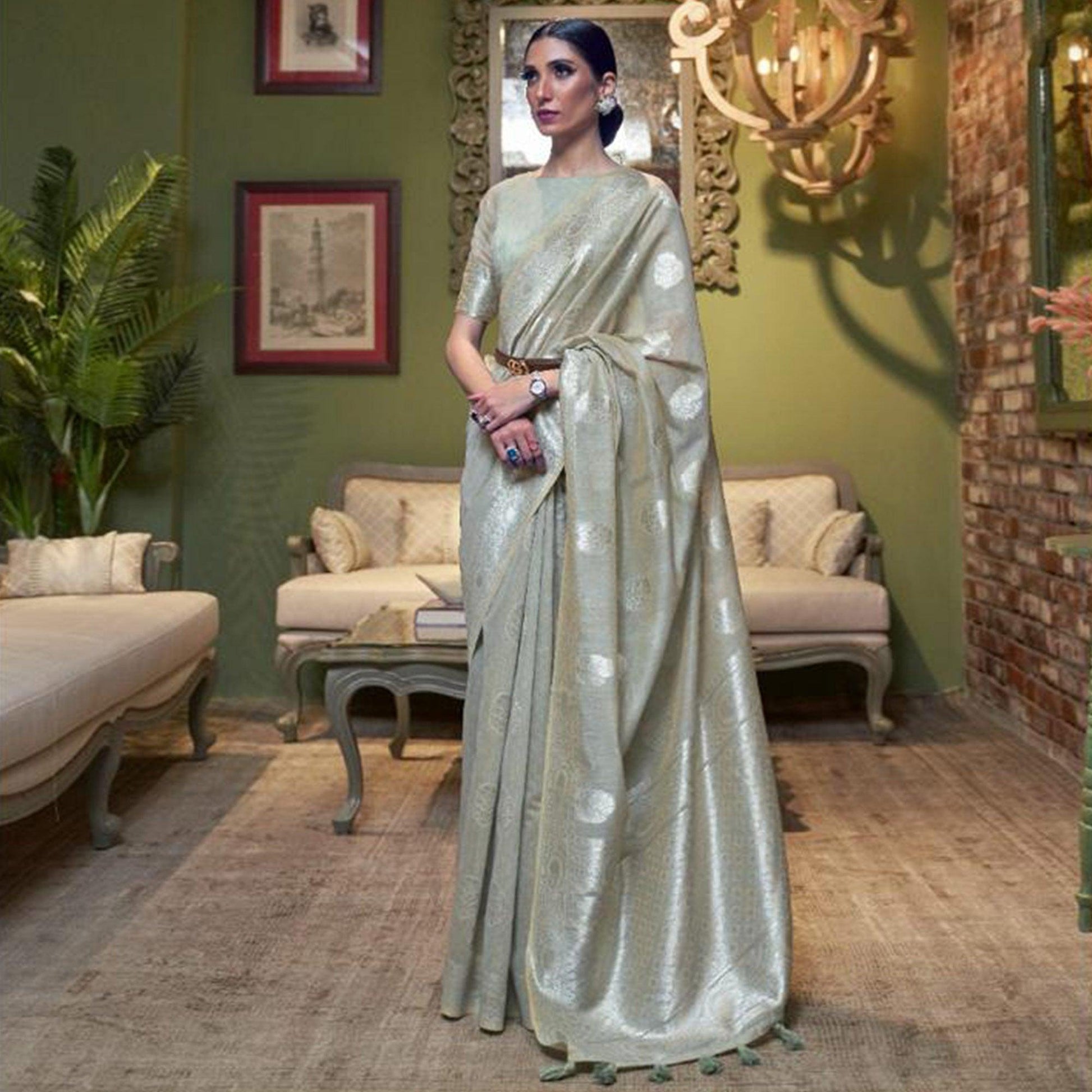 Grey Woven Linen Saree With Tassels