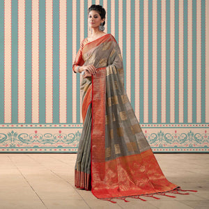 Grey Woven Linen Saree With Tassels