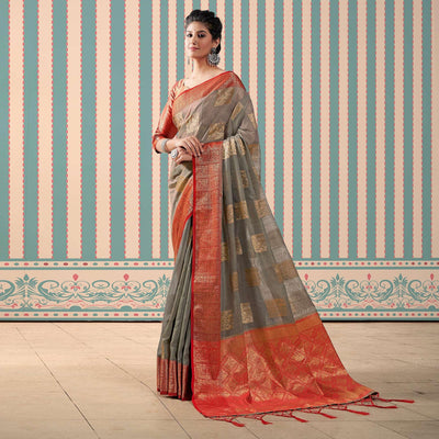 Grey Woven Linen Saree With Tassels