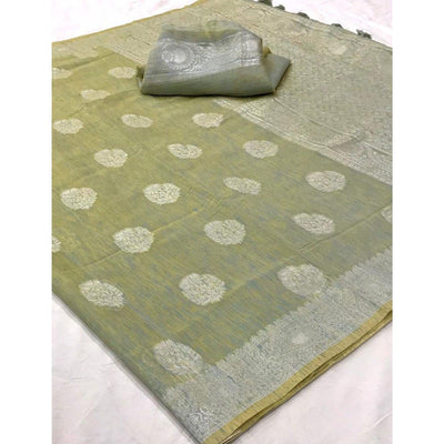 Grey Woven Linen Saree With Tassels