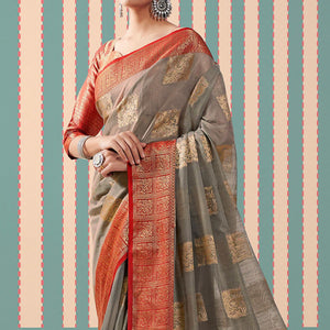 Grey Woven Linen Saree With Tassels