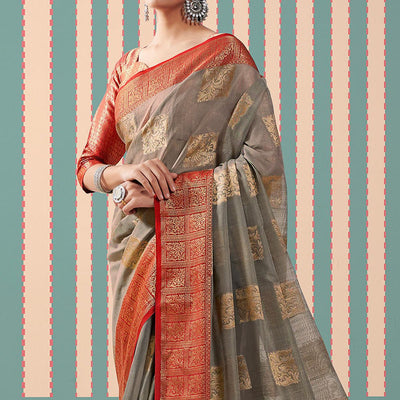 Grey Woven Linen Saree With Tassels