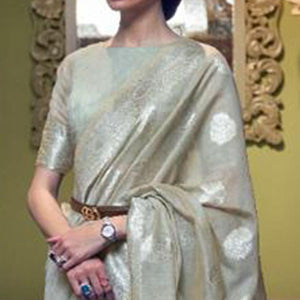 Grey Woven Linen Saree With Tassels