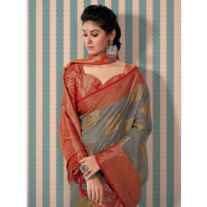 Grey Woven Linen Saree With Tassels