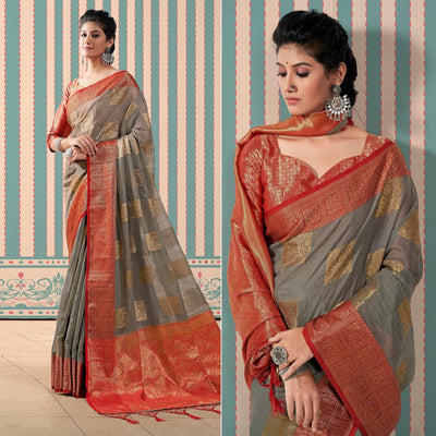 Grey Woven Linen Saree With Tassels