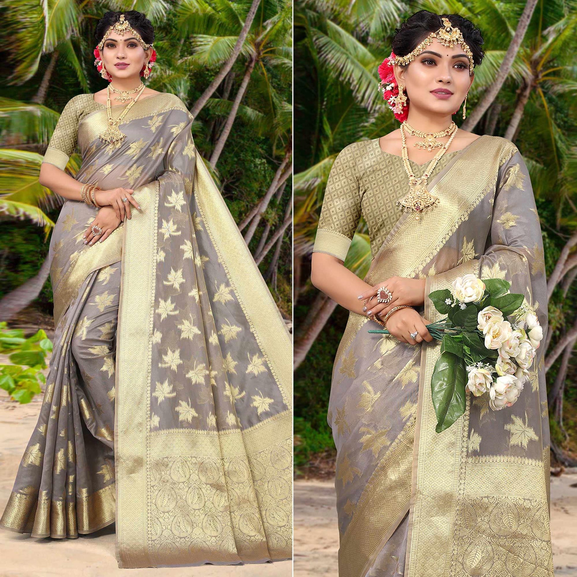 Grey Woven Organza Saree