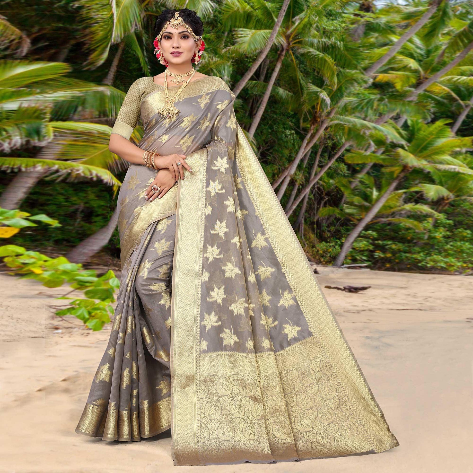 Grey Woven Organza Saree