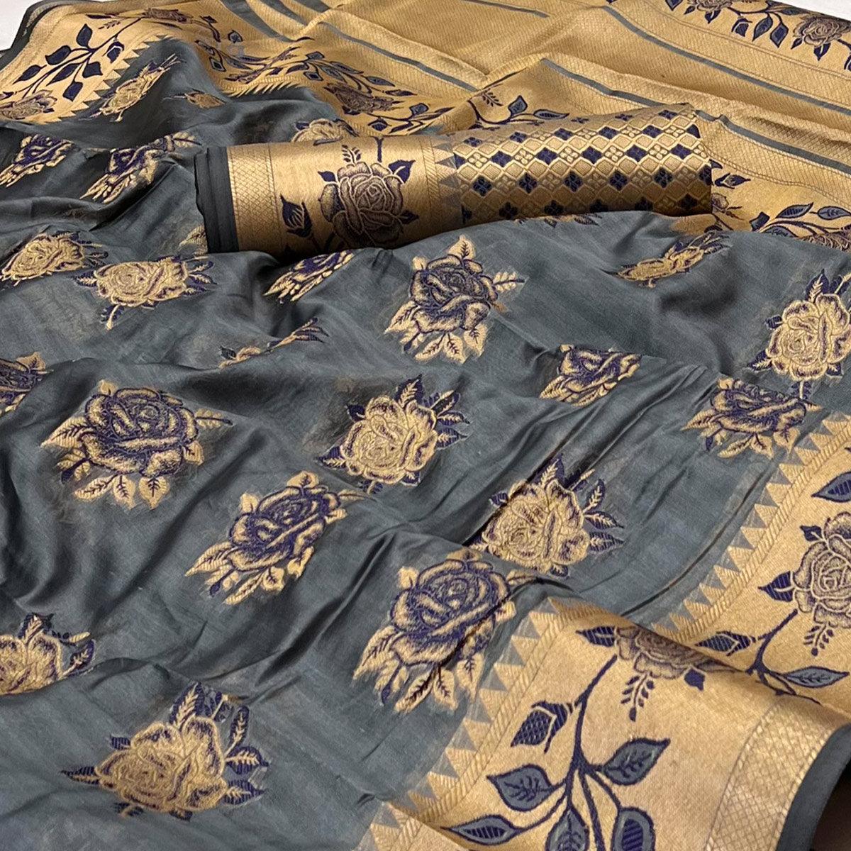 Grey Woven Organza Saree