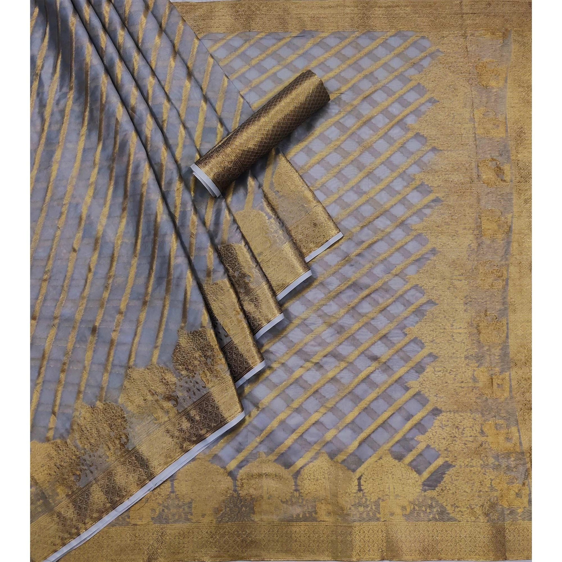 Grey Woven Organza Saree