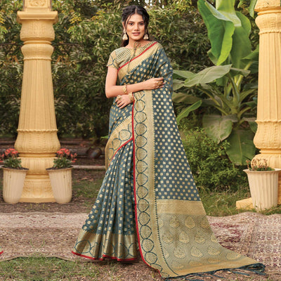 Grey Woven Organza Saree with Tassels