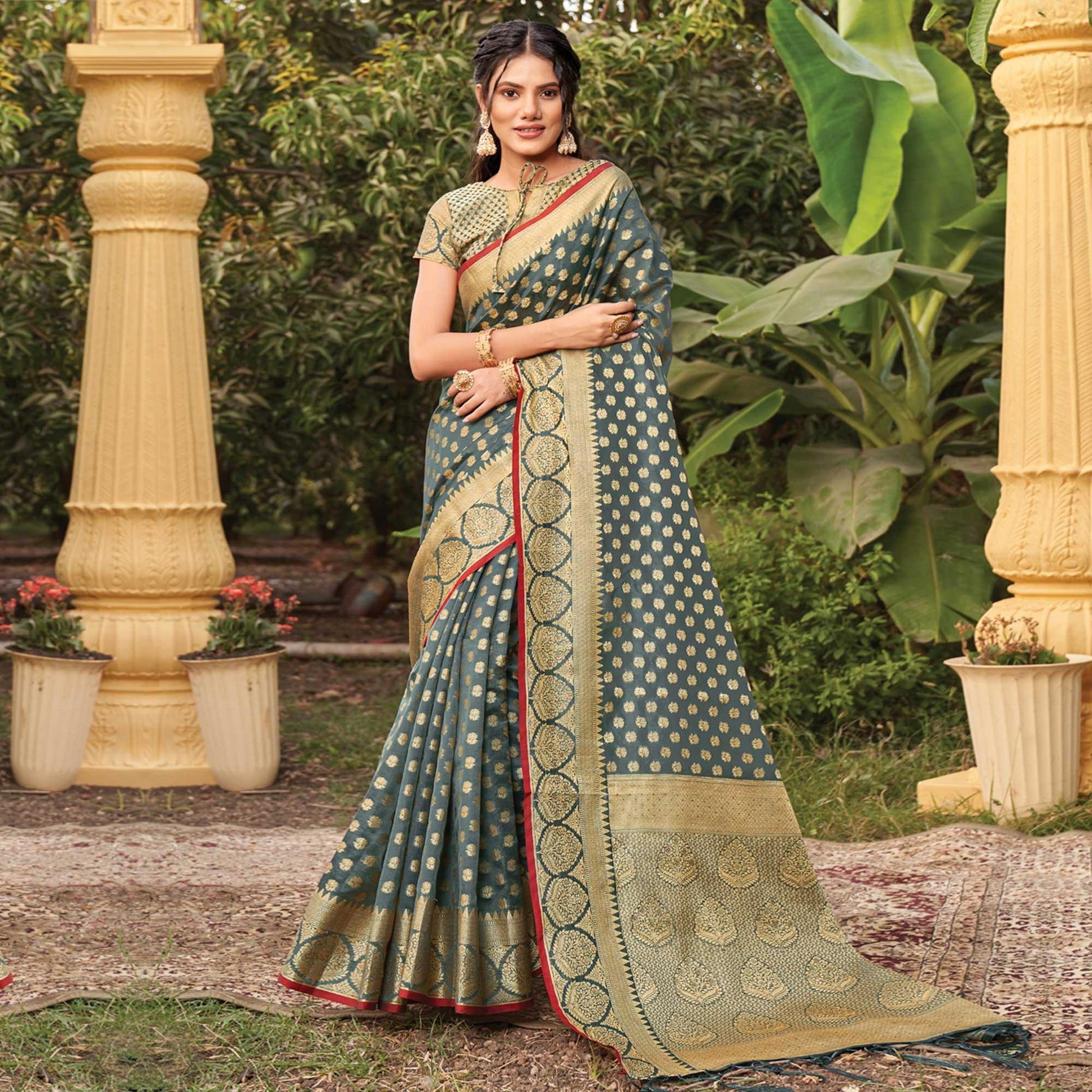 Grey Woven Organza Saree with Tassels