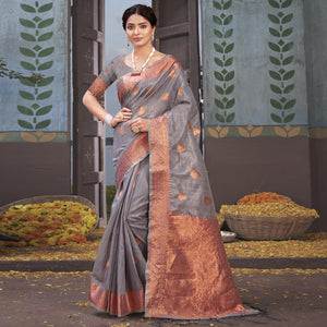 Grey Woven Organza Saree With Tassels