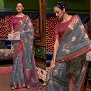 Grey Woven Organza Saree With Tassels
