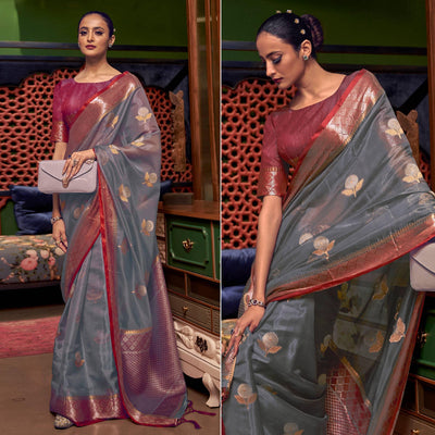 Grey Woven Organza Saree With Tassels