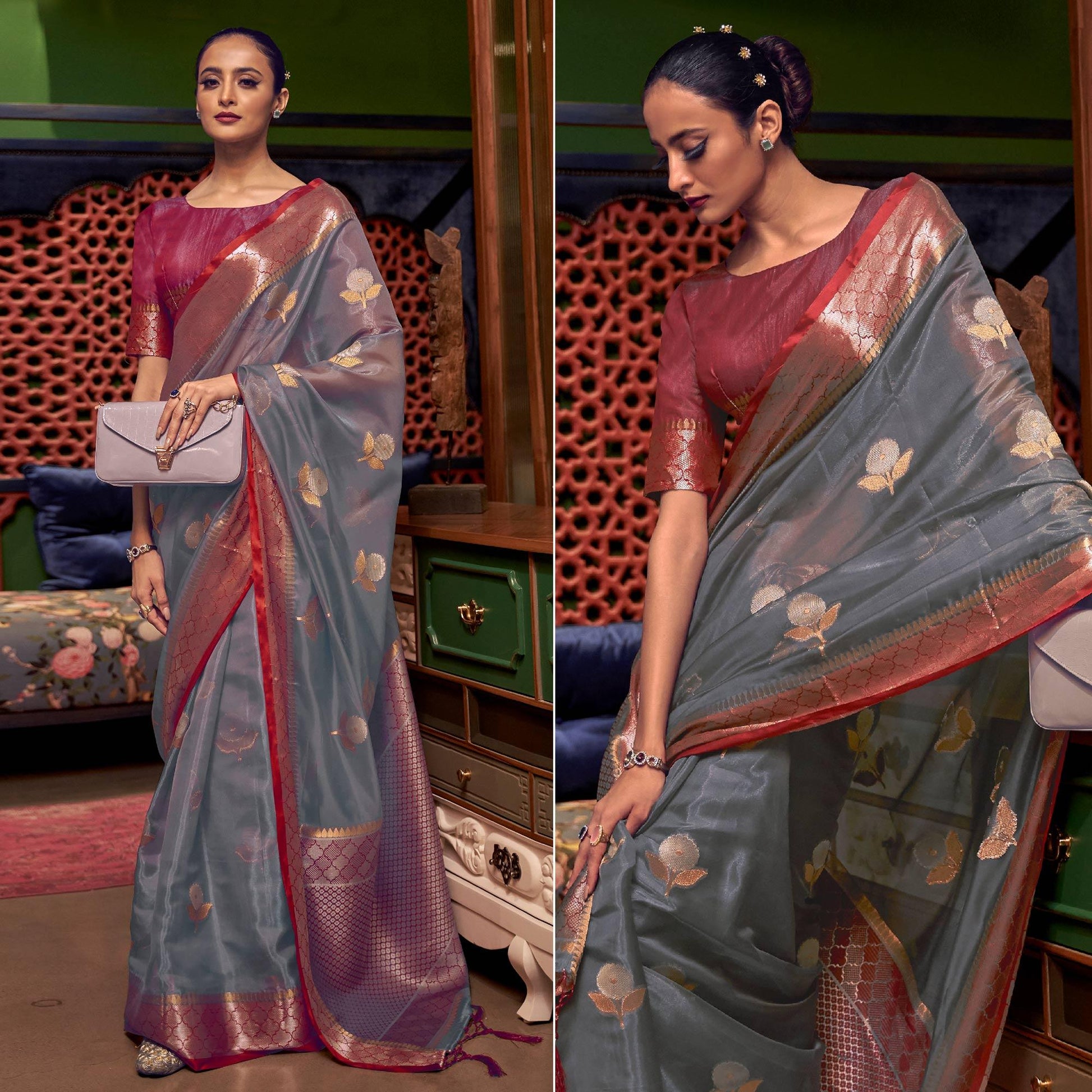Grey Woven Organza Saree With Tassels