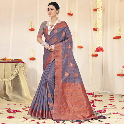 Grey Woven Organza Saree With Tassels