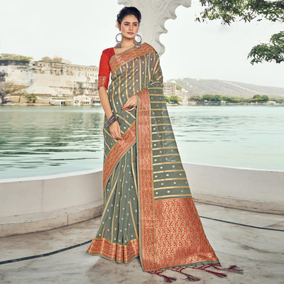 Grey Woven Organza Saree With Tassels