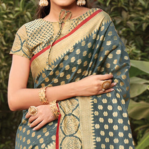 Grey Woven Organza Saree with Tassels