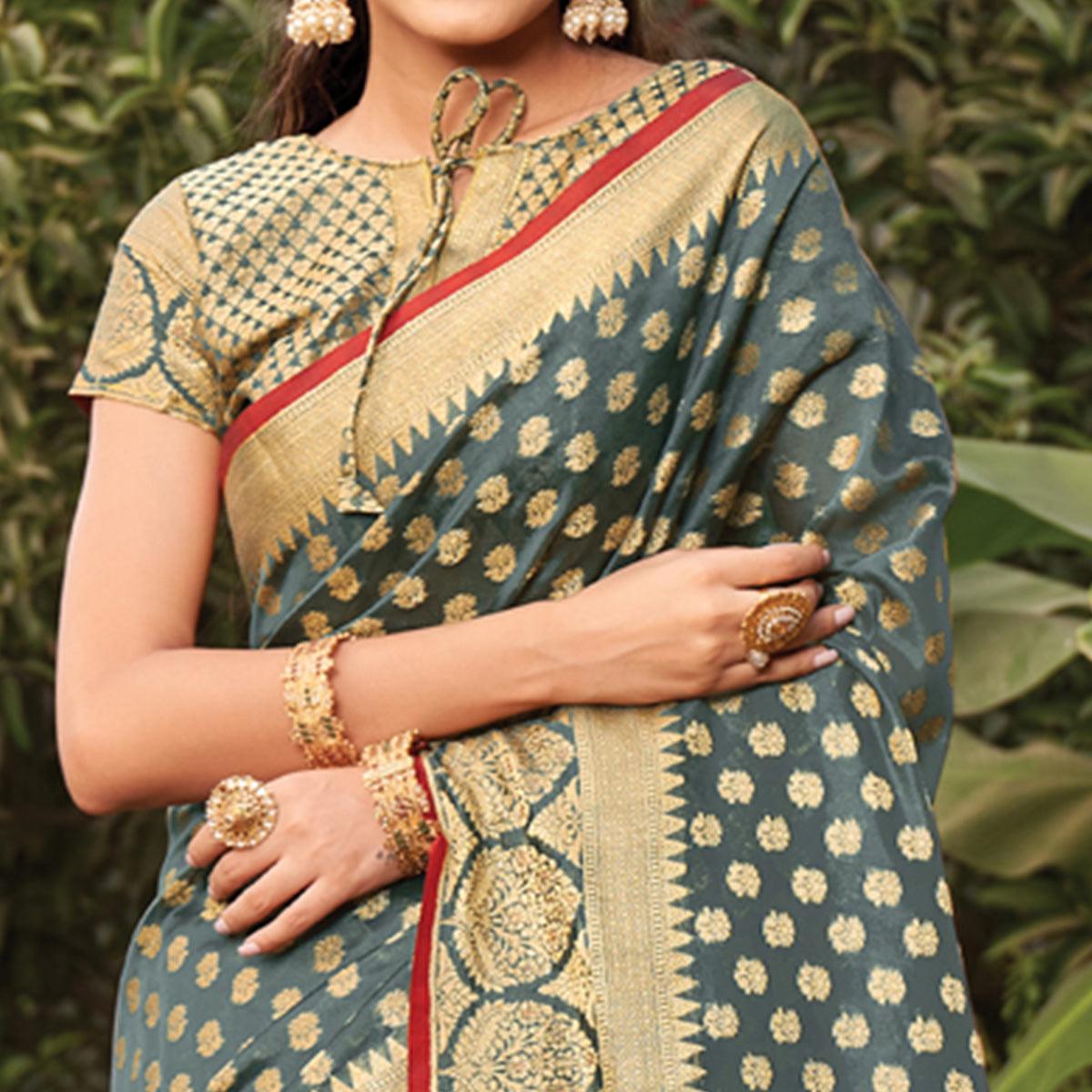 Grey Woven Organza Saree with Tassels