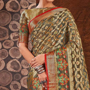 Grey Woven Organza Saree With Tassels