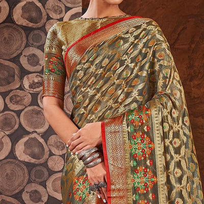 Grey Woven Organza Saree With Tassels