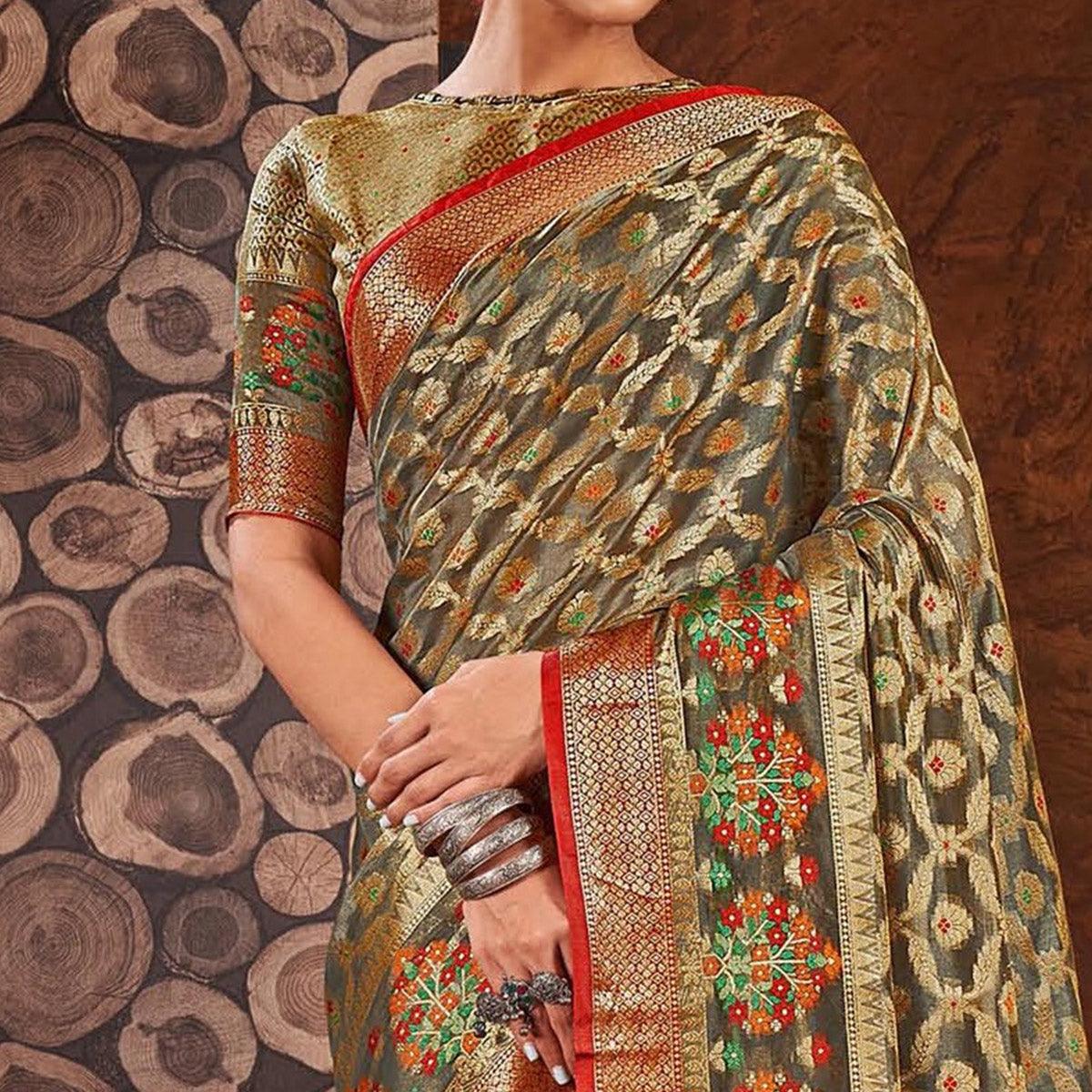 Grey Woven Organza Saree With Tassels