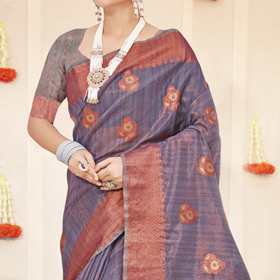 Grey Woven Organza Saree With Tassels