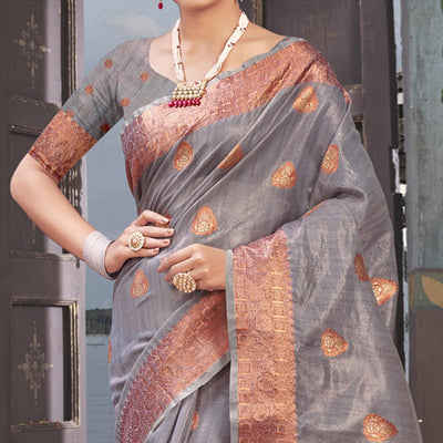 Grey Woven Organza Saree With Tassels