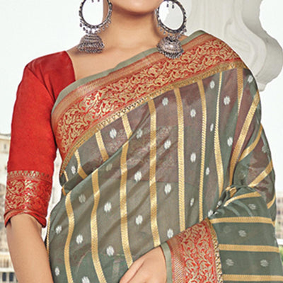 Grey Woven Organza Saree With Tassels