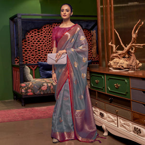 Grey Woven Organza Saree With Tassels