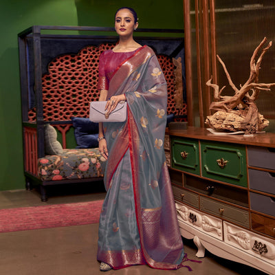 Grey Woven Organza Saree With Tassels