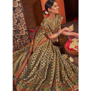 Grey Woven Organza Saree With Tassels