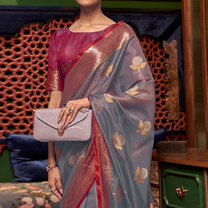 Grey Woven Organza Saree With Tassels
