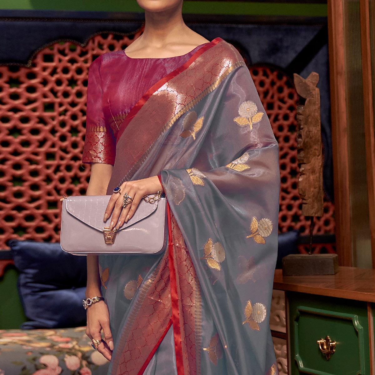 Grey Woven Organza Saree With Tassels