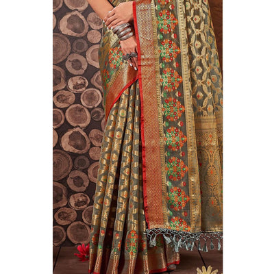 Grey Woven Organza Saree With Tassels