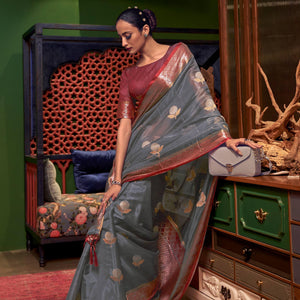 Grey Woven Organza Saree With Tassels