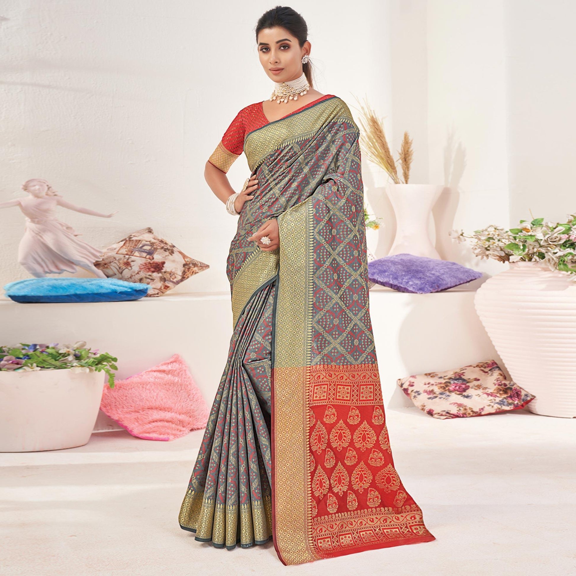 Grey Woven Patola Art Silk Saree